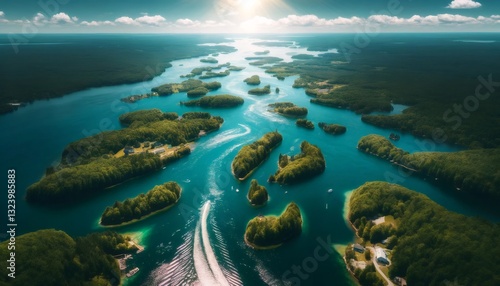 Speedboat creating waves through the thousand islands region in ontario, canada