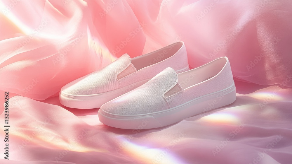 Pink slip-on shoes, with the sunset light coming in, create a warm and serene atmosphere. Pink slip-on shoes, with the sunset light coming in, create a warm and serene atmosphere.