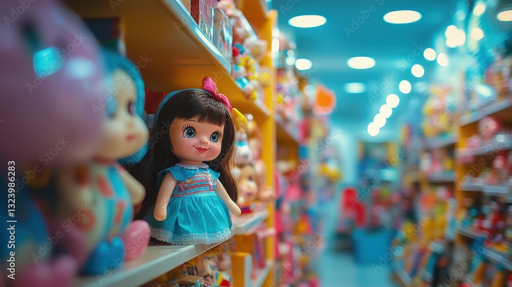 Naklejka premium A bright toy store filled with smiling dolls, but one doll blinks when no one is looking