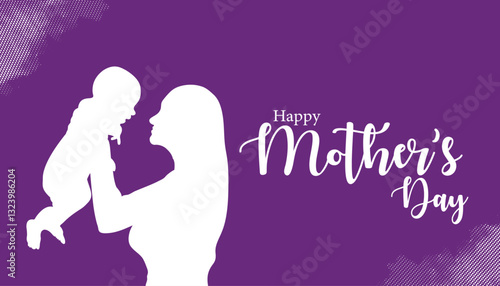 Aesthetic "Happy Mothers' Day" mom and child affection concept greeting design for all mother lovers. Mother's Day Banner Design on a purple gradient. EPS Format.