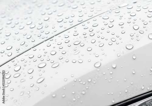Water droplets on a white car surface.
