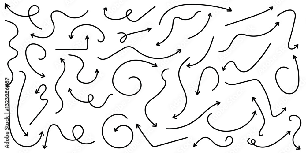 Set of simple lines in different directions. Set of simple black arrows. Sets of simple hand drawn lines with black arrows. Set of simple lines in different directions. Set of simple black arrows. Sets of simple hand drawn lines with black arrows.