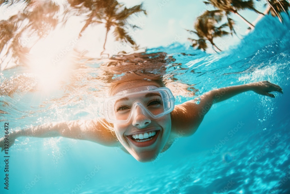 Fototapeta premium Joyful swimming experience of a blonde woman in a shimmering blue pool on a sunny day with palm trees swaying gently above