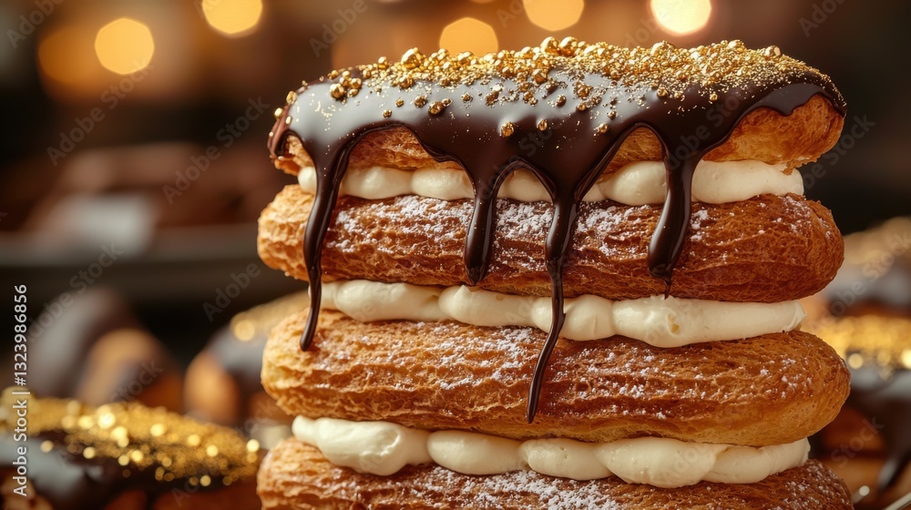 A delectable tower of chocolate eclairs drizzled with rich glaze and shimmering gold sprinkles. A delectable tower of chocolate eclairs drizzled with rich glaze and shimmering gold sprinkles.