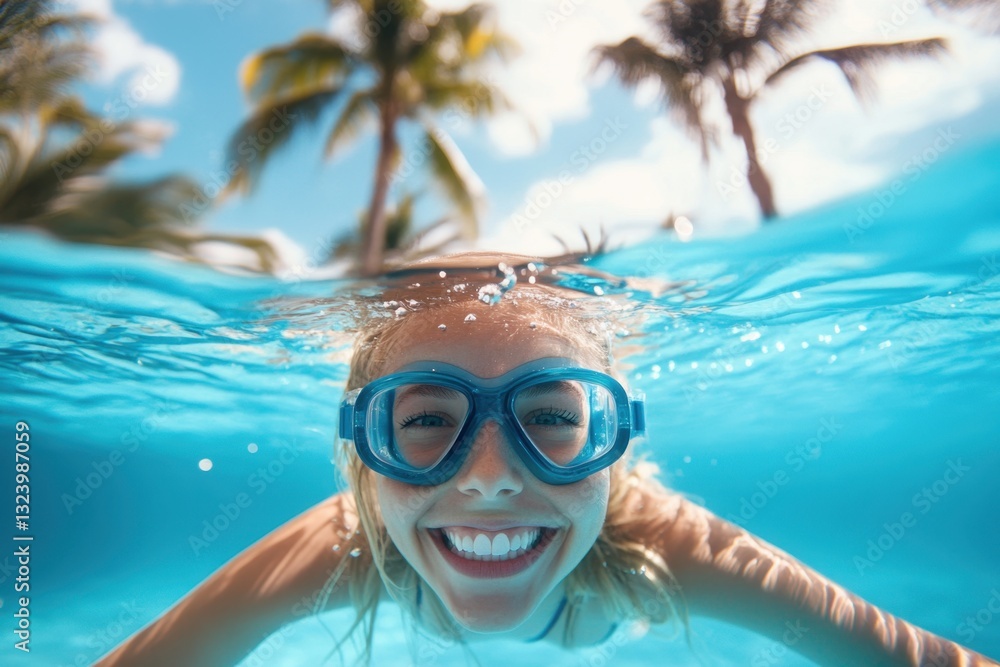 Naklejka premium Joyful summer moments captured underwater with a blonde woman smiling in a sunlit pool surrounded by palm trees