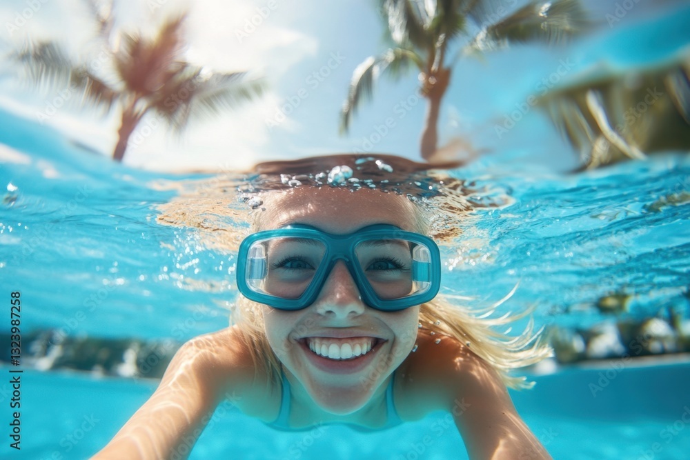 Fototapeta premium Joyful blonde woman enjoying a summer swim underwater in a sunny pool surrounded by palm trees