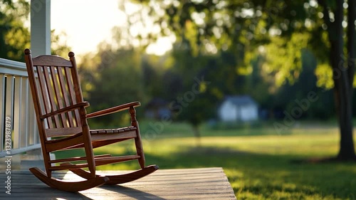 A serene wooden rocking chair on a porch overlooking a peaceful green landscape at sunset