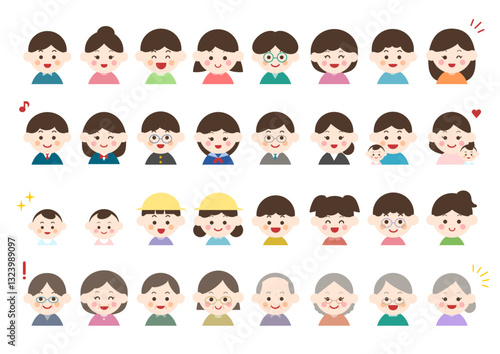 人々の笑顔の表情アイコンイラストセット