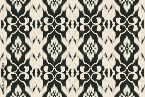 Seamless ethnic ikat pattern featuring tribal and folk embroidery combined with Mexican Aztec geometrics. Perfect for graphic art, rug design, wallpaper, wrapping and clothing.