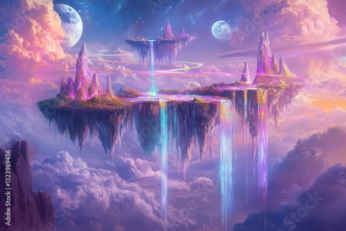 Obraz na płótnie ethereal fantasy landscape featuring floating crystalline islands with cascading waterfalls, connected by rainbow bridges under a pastel sky with twin moons and luminous flora in dreamlike colors w salonie