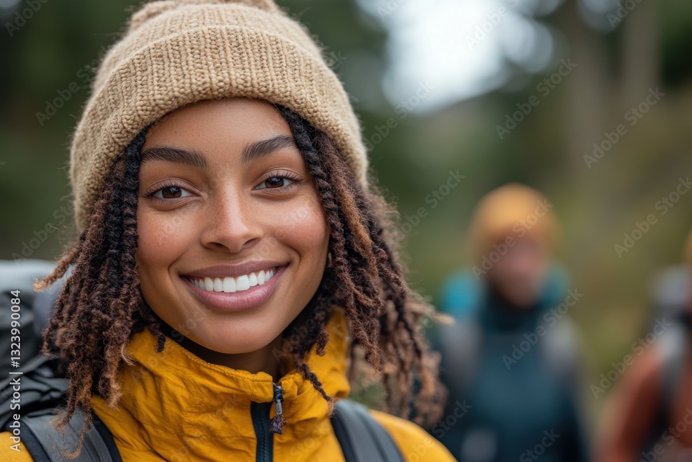 Smiling woman in autumn attire and beanie inspires joy amidst a serene hiking backdrop Smiling woman in autumn attire and beanie inspires joy amidst a serene hiking backdrop