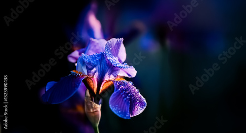 Wallpaper Mural A purple iris flower glistens with water droplets on its petals, set against a dramatically dark and softly blurred background. Torontodigital.ca