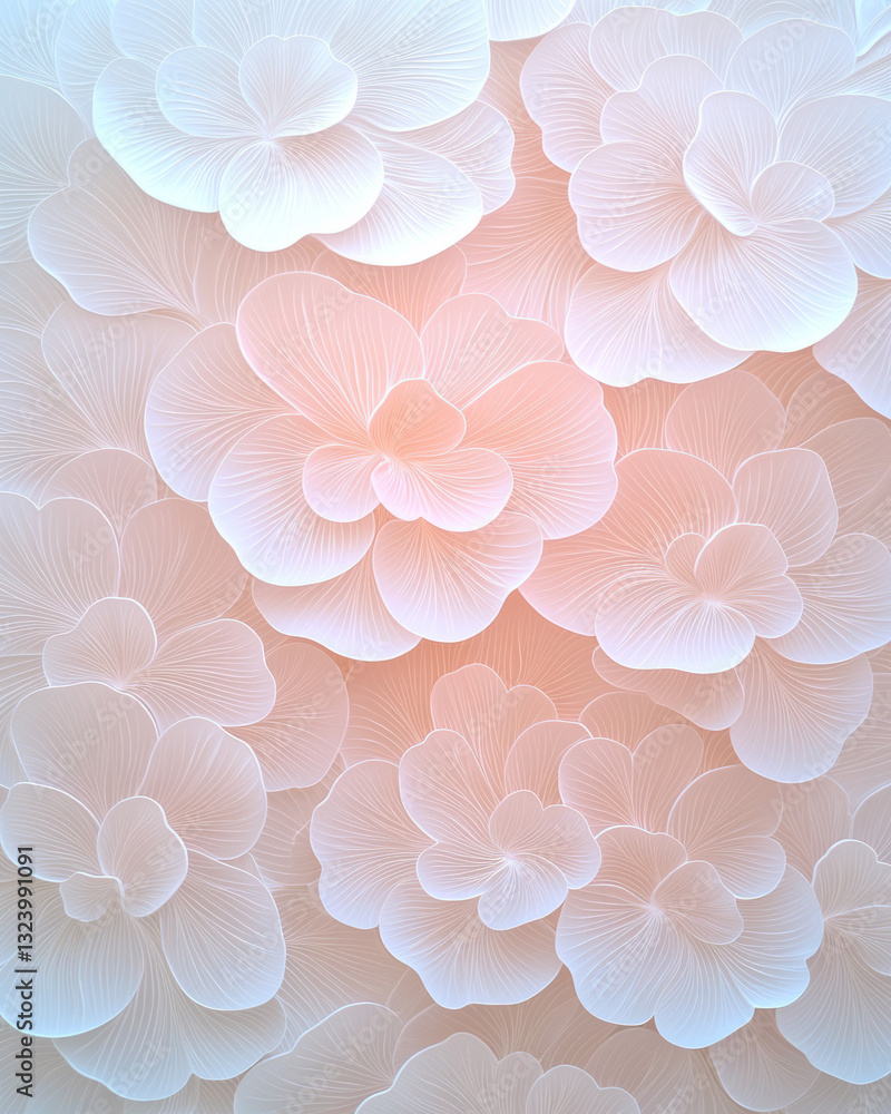 A contemporary abstract artwork showcasing an intricate pattern of subtly rendered white flowers A contemporary abstract artwork showcasing an intricate pattern of subtly rendered white flowers