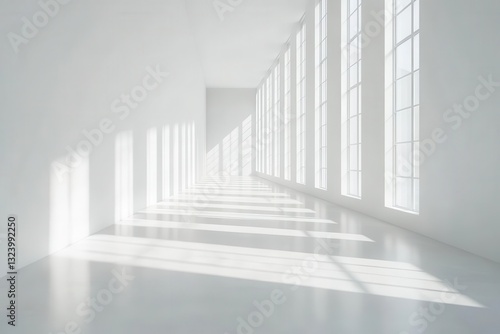ethereal minimalist gallery space with soft gradient shadows playing across pristine white walls, creating an atmosphere of serene emptiness and infinite possibility