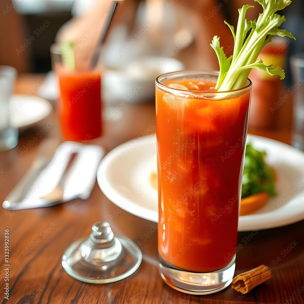 Refreshing Bloody Mary Cocktail with Celery Garnish, Served in a Tall Glass on a Wooden Table at a Restaurant. Refreshing Bloody Mary Cocktail with Celery Garnish, Served in a Tall Glass on a Wooden Table at a Restaurant.