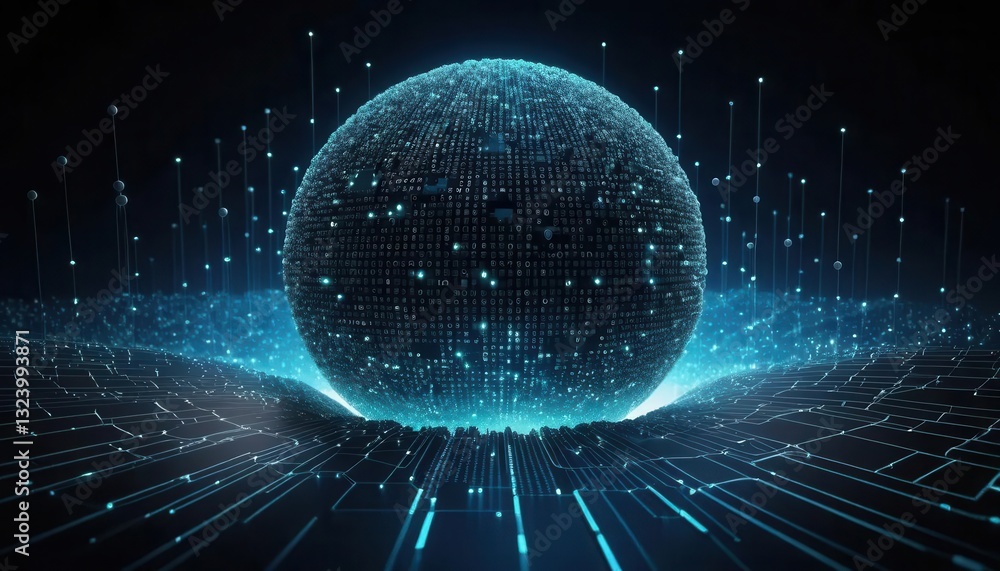 Obraz premium Endpoint protection threat prevention concept. A glowing, digital sphere surrounded by flowing data streams and points of light, representing a futuristic, tech-inspired concept.