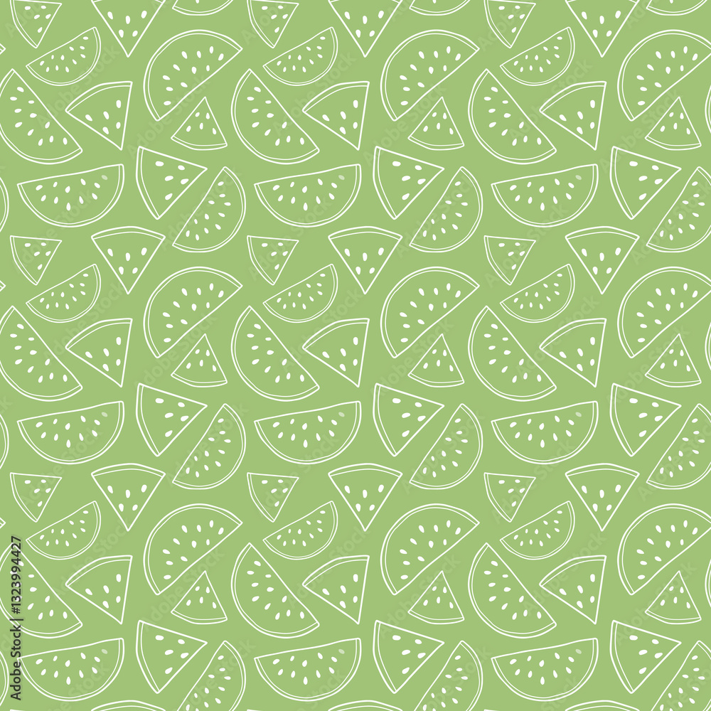 Watermelon Slice Pattern: An appetizing pattern of fresh watermelon slices in varying shapes, presented in a playful arrangement on a vibrant green background. Watermelon Slice Pattern: An appetizing pattern of fresh watermelon slices in varying shapes, presented in a playful arrangement on a vibrant green background.