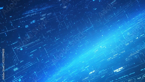 Dynamic blue abstract grid background with glowing hexagonal patterns and holographic data streams. Futuristic technology concept for AI presentations, virtual reality environments, or cybernetic inte