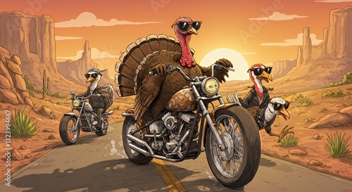 Cool Turkeys and Other Birds Riding Motorcycles on a Road
