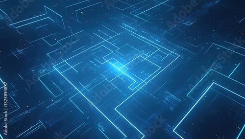 Futuristic blue digital grid with glowing light particles and holographic circuit patterns on dark backdrop. Cyber technology background for UI/UX design, VR projects, or cybersecurity presentations. 