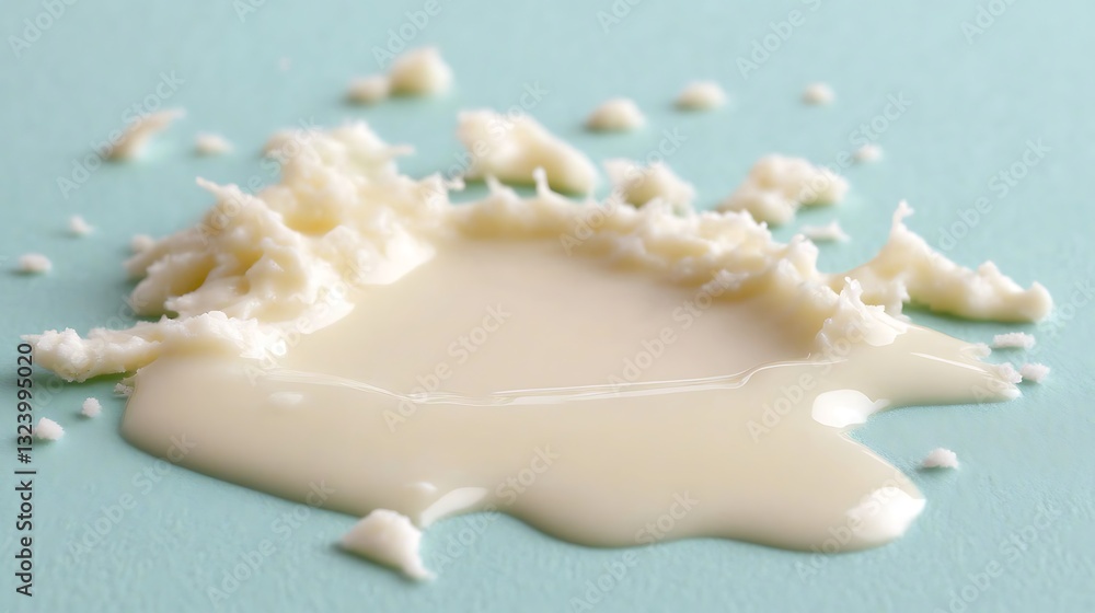 Creamy white substance splashed across a light blue background Creamy white substance splashed across a light blue background