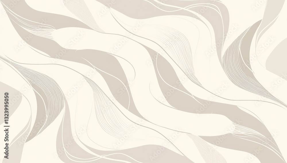 Fototapeta premium Elegant beige abstract pattern with curved lines and organic leaf elements. Seamless vector design for wallpaper, fabric print, or minimalist branding projects. Subtle gradient of light gray, white, b
