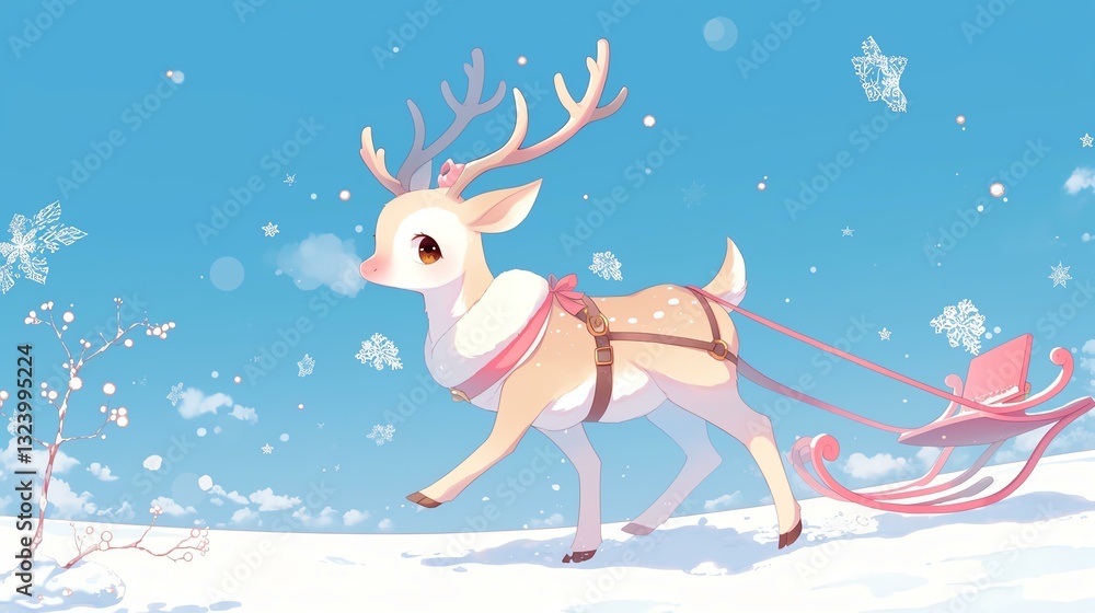 A charming deer pulling a sled through a snowy landscape with butterflies.