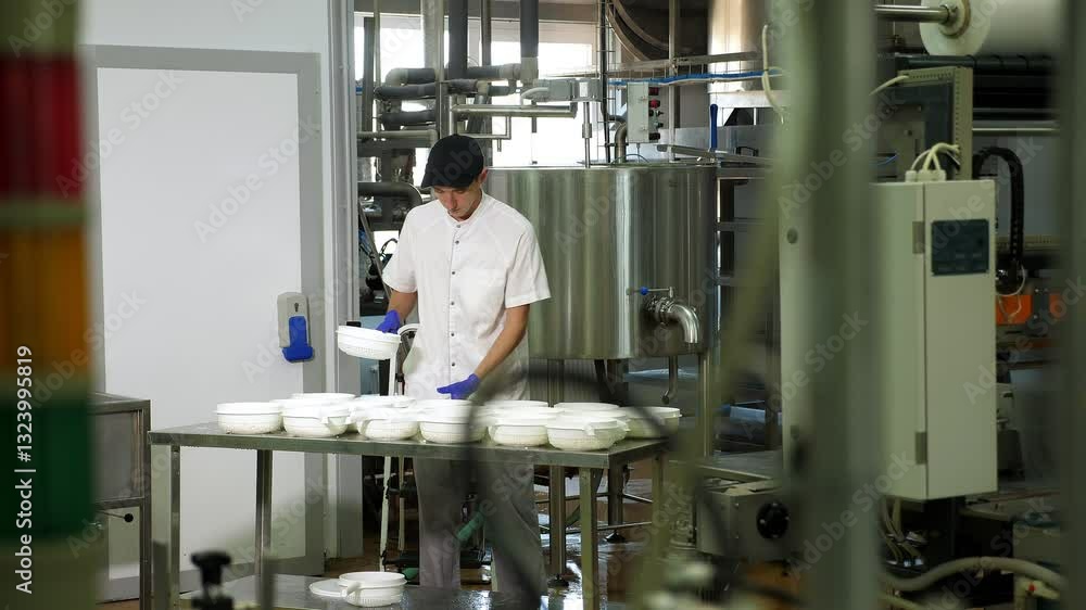 Close-up of a man forming cheese into the plastic molds at the small producing farm. Cooking cheese from a private cheese factory. Close-up of a man forming cheese into the plastic molds at the small producing farm. Cooking cheese from a private cheese factory.