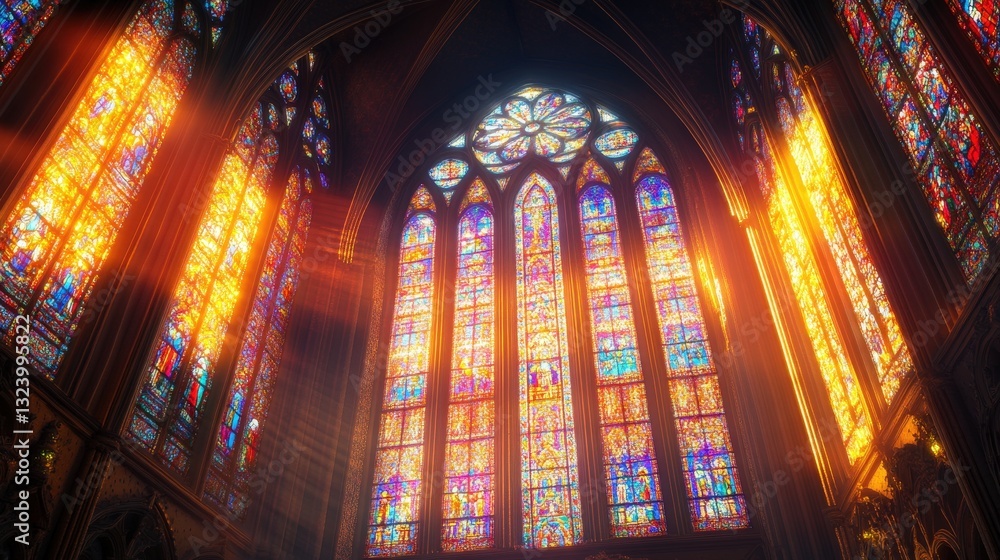 Obraz premium A Gothic cathedral where stained glass windows stretch infinitely, glowing with impossible light