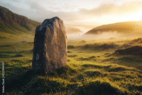 An ancient standing stone with intricate spiral carvings stands in a misty valley at sunrise, evoking a sense of history and mystery