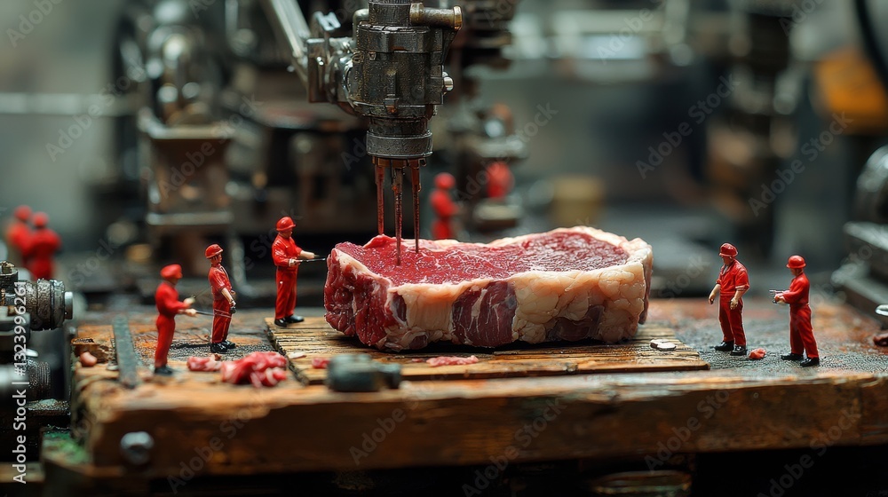 Miniature workers transforming steak in a dynamic industrial scene