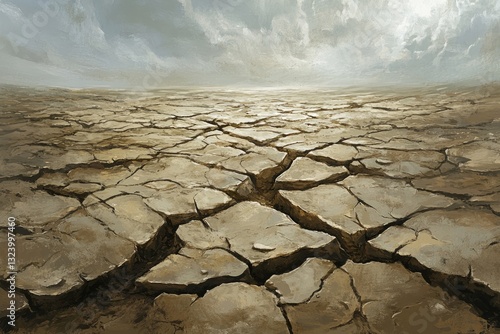 A desolate, cracked earth stretches under a cloudy sky, depicting drought and aridity.