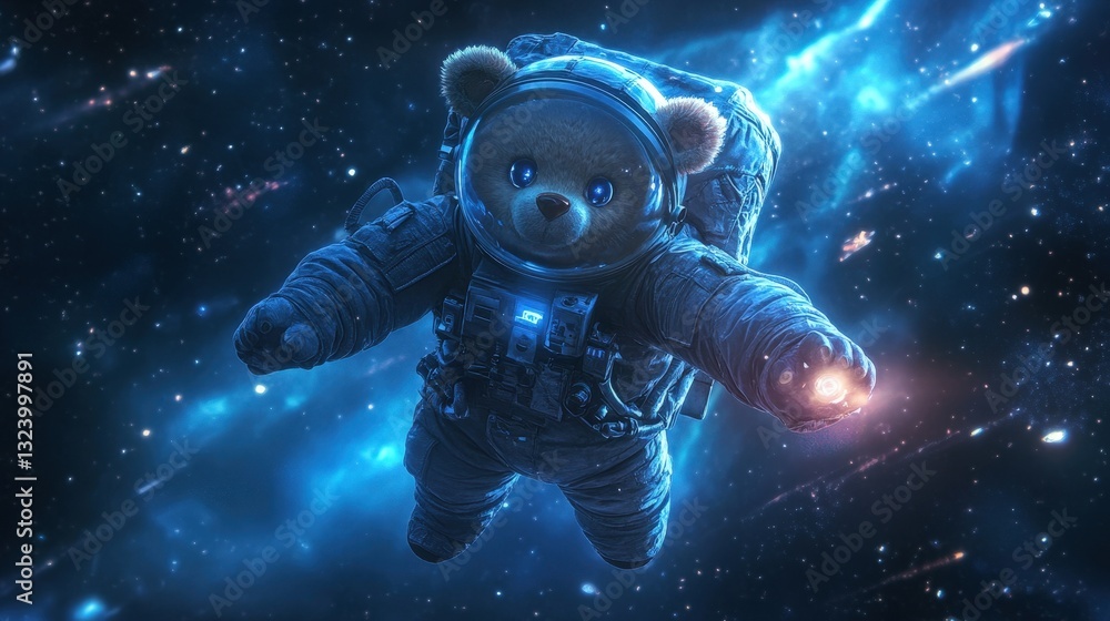 Fototapeta premium A one-eyed teddy bear dressed in a futuristic astronaut suit, floating in deep space