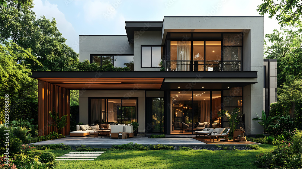 Modern house exterior, patio and garden Modern house exterior, patio and garden