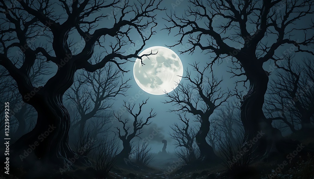 Eerie Full Moon Shining Over Dark Forest with Bare Trees Eerie Full Moon Shining Over Dark Forest with Bare Trees