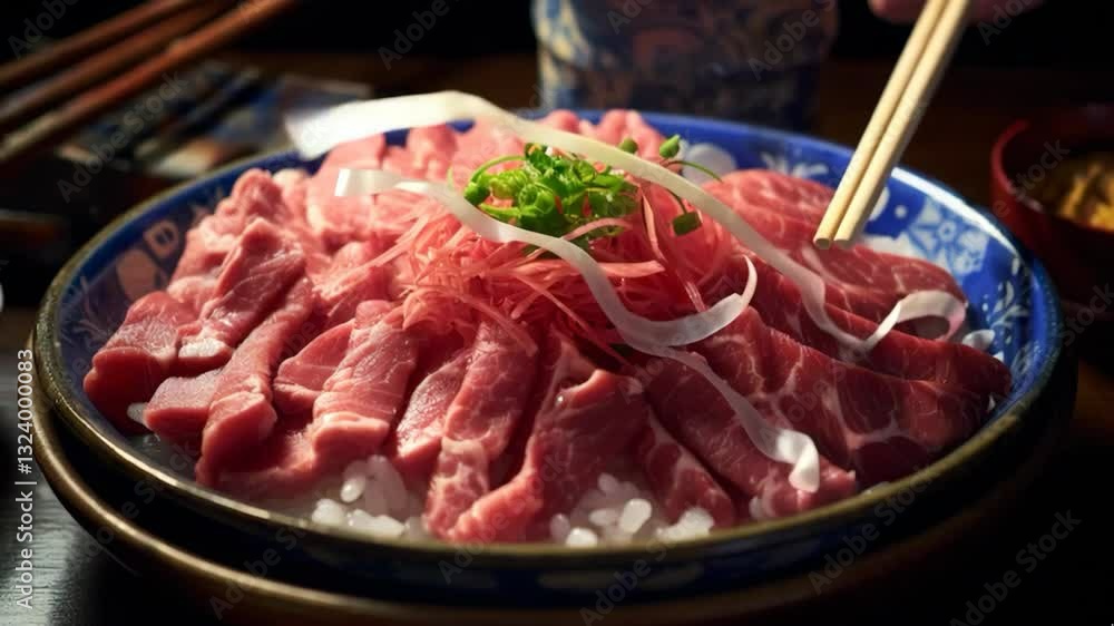 A beautifully arranged platter of fresh, thinly sliced wagyu beef sashimi garnished with shredded onions and green scallions, served on a traditional Japanese ceramic dish.

