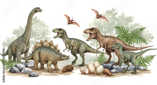 Fototapeta Naklejka Na Ścianę i Meble -  watercolor illustration of various dinosaurs in a prehistoric setting