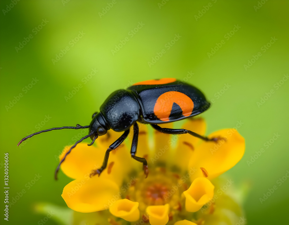 A black beetle with orange markings on a yellow flower A black beetle with orange markings on a yellow flower