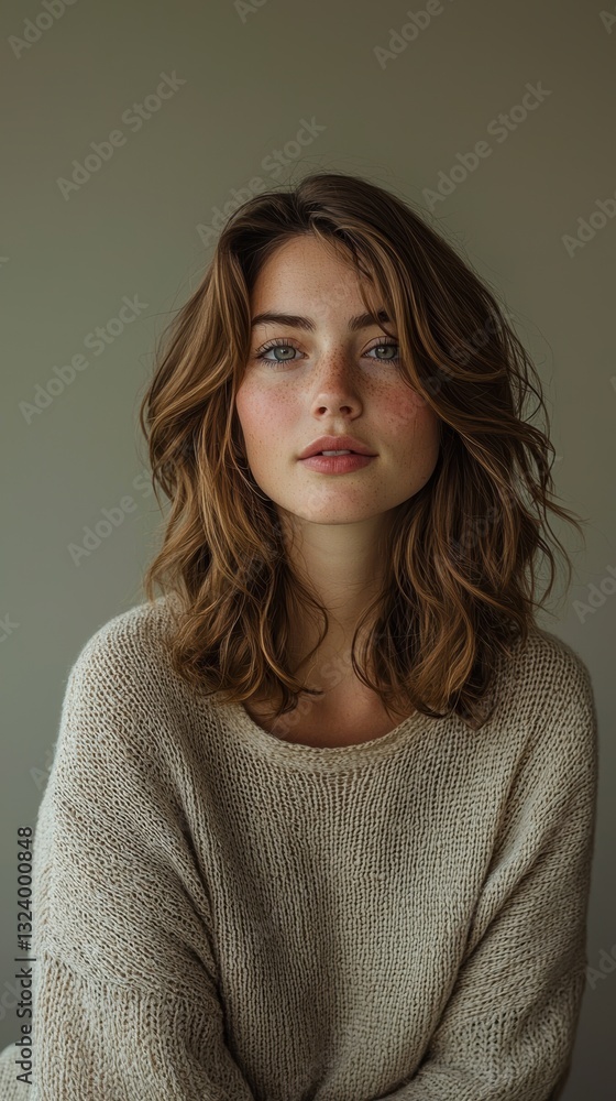 Serene portrait of a woman in a soft gray background Serene portrait of a woman in a soft gray background