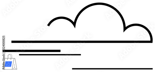 Minimalist black-lined cloud above speeding lines and a shopping bag with app logo. Ideal for cloud storage, e-commerce, data management, online shopping, application development, scalability