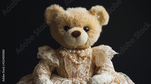 A teddy bear dressed in a ballroom gown, with lace gloves and an elegant pearl necklace