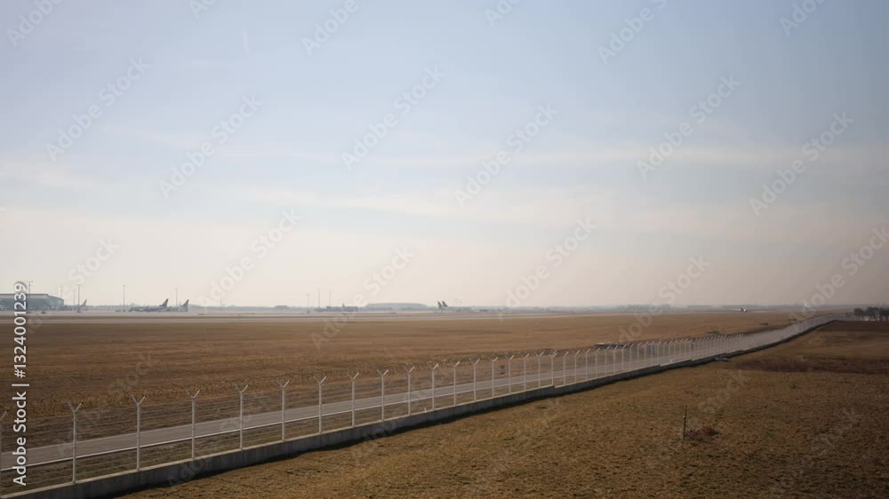 A vast airport landscape with a runway stretching into the distance. A barbed-wire fence lines the perimeter, while parked airplanes and terminal buildings are visible in the background. A vast airport landscape with a runway stretching into the distance. A barbed-wire fence lines the perimeter, while parked airplanes and terminal buildings are visible in the background.