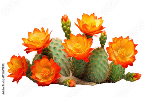 Orange cactus flowers in full bloom with a focus on the contrast between the bright petals isolated on white background