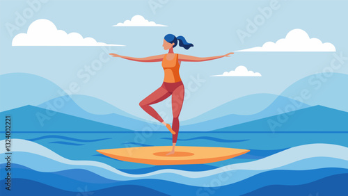 An experienced yogi balancing gracefully on a standup paddleboard the ocean gently rocking beneath them as they find stability and strength in challenging poses.. Vector illustration