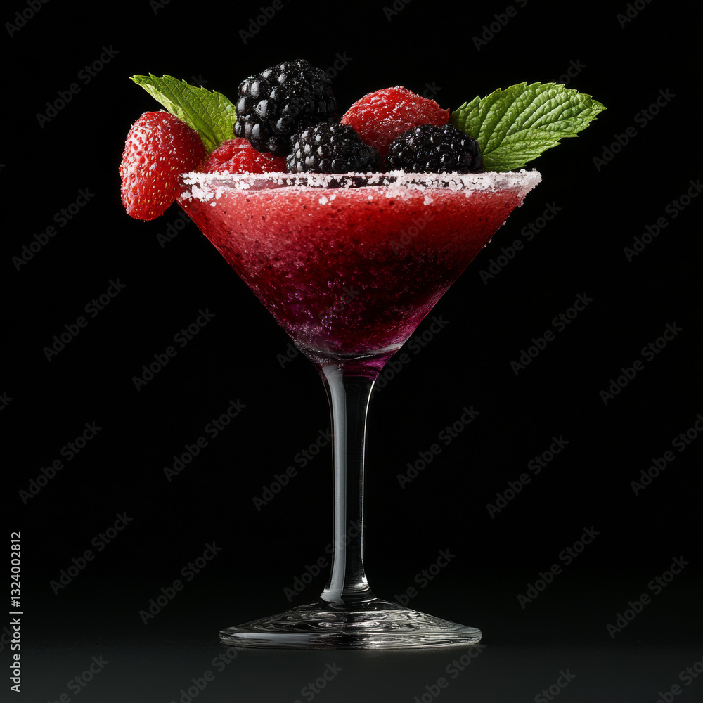 Dark background highlights a vibrant alcohol cocktail in a martini glass filled with berries and garnished with mint, perfect for elegant gatherings Dark background highlights a vibrant alcohol cocktail in a martini glass filled with berries and garnished with mint, perfect for elegant gatherings