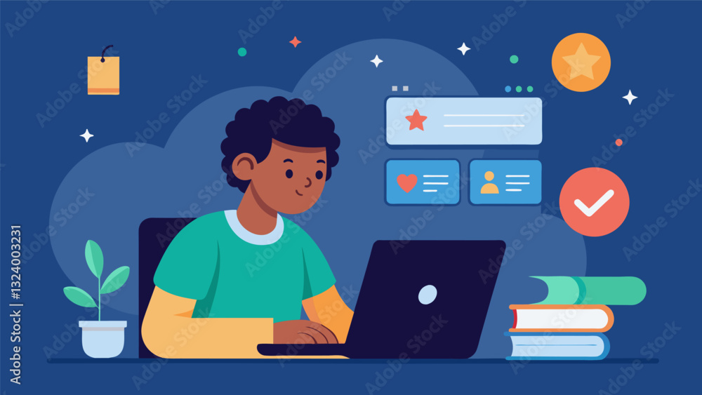 In a remote learning setting a student uses an educational game that adapts in difficulty based on the data collected from their performance.. Vector illustration In a remote learning setting a student uses an educational game that adapts in difficulty based on the data collected from their performance.. Vector illustration