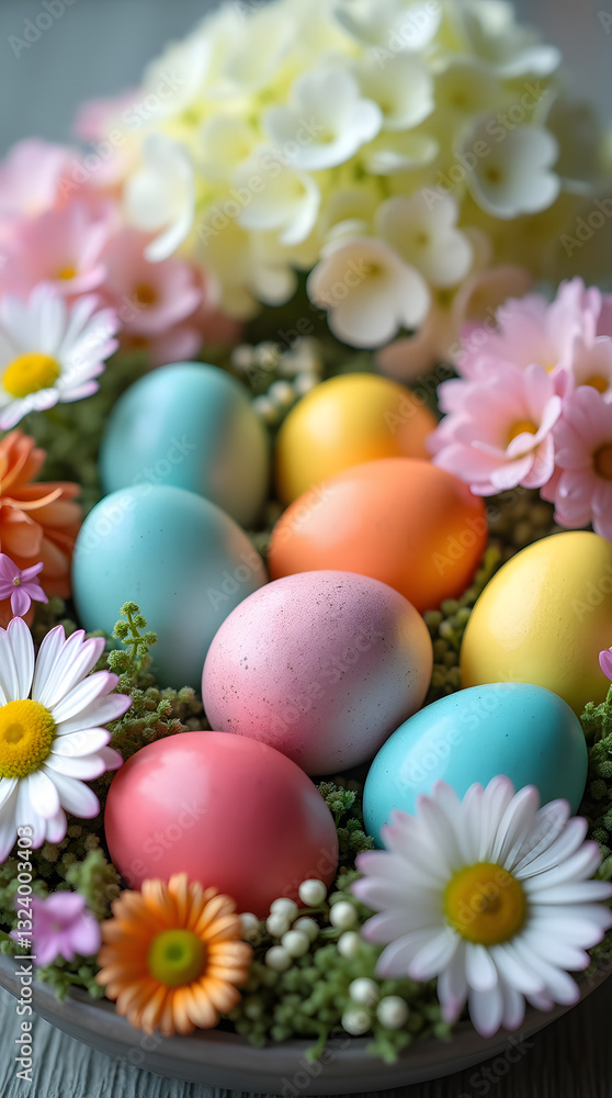 Vibrant Easter Eggs Arranged in a Lush Spring Floral Display with Blooming Hydrangeas, Daisies, and Fresh Greenery for a Festive Atmosphere Vibrant Easter Eggs Arranged in a Lush Spring Floral Display with Blooming Hydrangeas, Daisies, and Fresh Greenery for a Festive Atmosphere