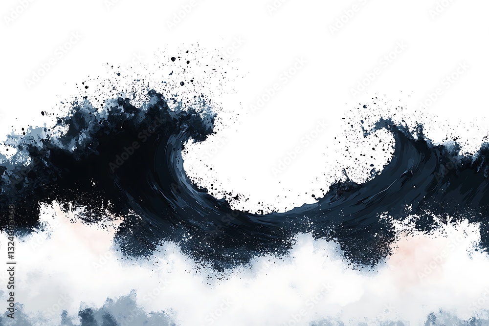 A dynamic wave illustration featuring dark splashes, capturing the energy and movement of water against a stark white background. A dynamic wave illustration featuring dark splashes, capturing the energy and movement of water against a stark white background.