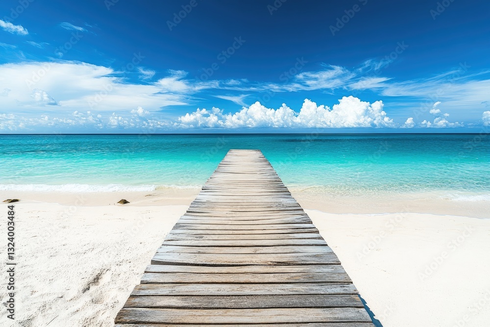 Fototapeta premium Tranquil wooden dock leads to azure ocean