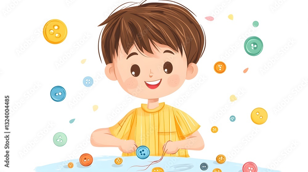 Professional Illustration of a Boy with Button and Thread Isolated on White Background Professional Illustration of a Boy with Button and Thread Isolated on White Background